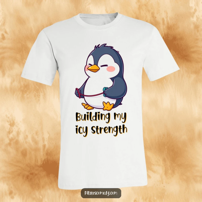 Funny penguin t-shirt of a determined penguin character stretching a resistance band, symbolizing strength and humor for fitness fans.