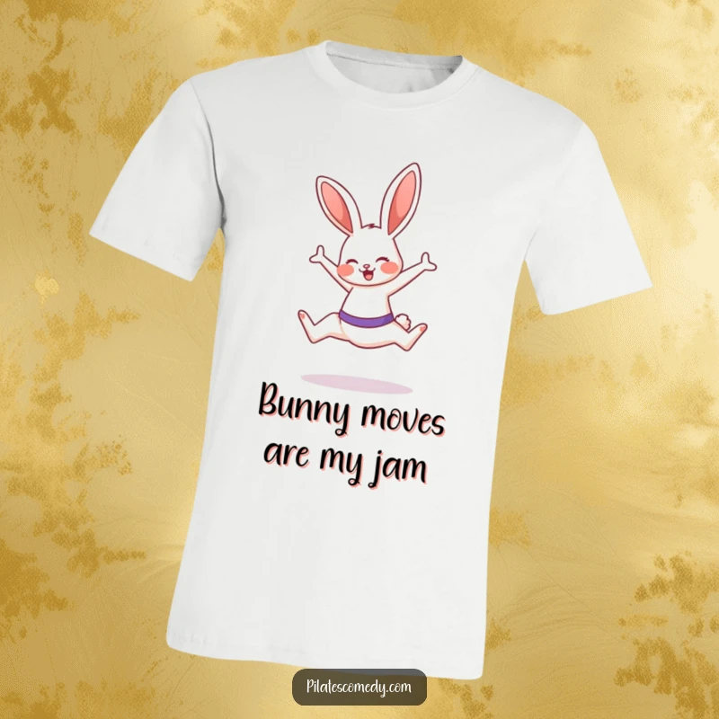 Funny bunny character in mid-air doing a Pilates move with a big smile, showcasing pure energy and happiness.