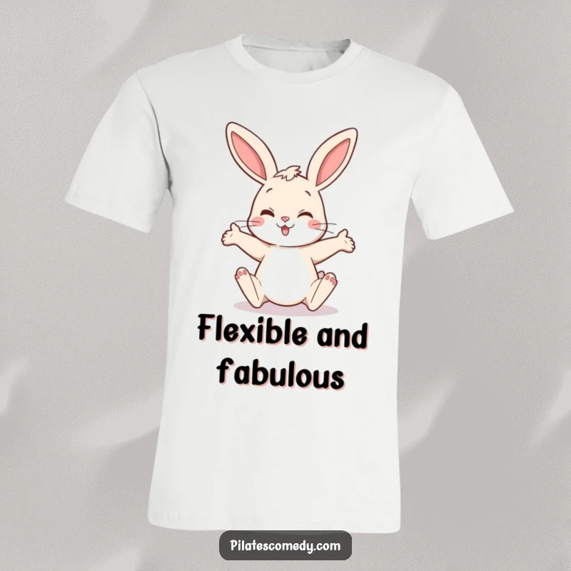 Funny bunny t-shirt with a cheerful rabbit caught in a funny, legs-extended stretching position, radiating playful flexibility.