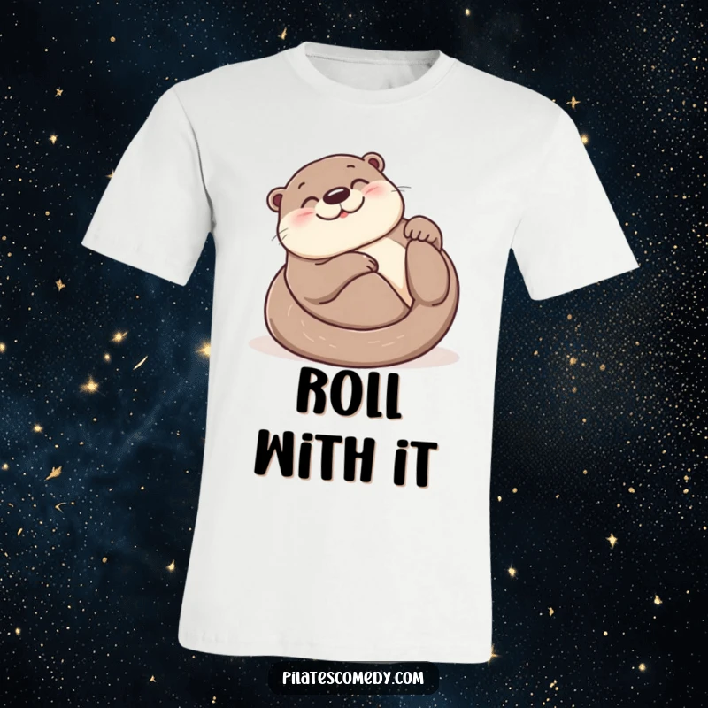 Funny otter t-shirt featuring a smiling otter in a joyful, relaxed roll on its back, exuding pure happiness.