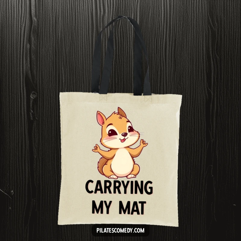 Funny squirrel in a precise yoga pose, demonstrating intense focus, on a durable and stylish tote bag.