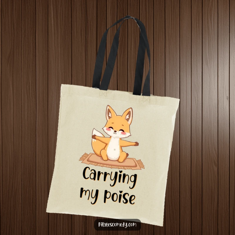 Funny fox illustration on a tote bag, gracefully stretching on a mat, perfect for carrying yoga gear.