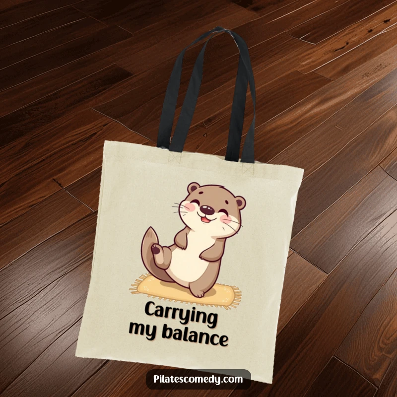 Funny happy otter character balanced on a yoga mat, stretching one leg upwards, on a durable tote bag.