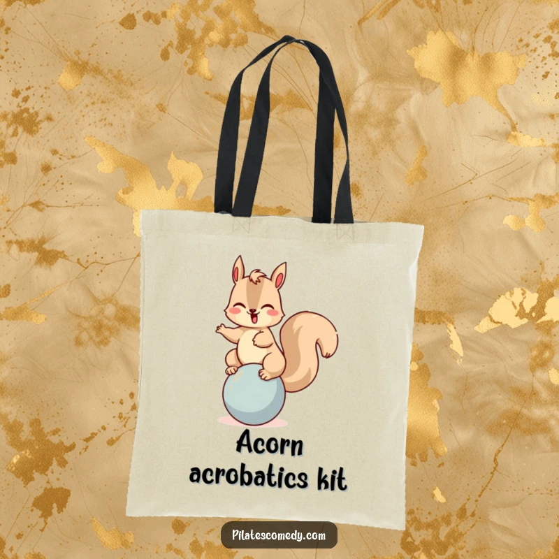 Funny squirrel tote bag with a giggling character balancing on a ball, perfect for carrying shopping or daily items with a smile.