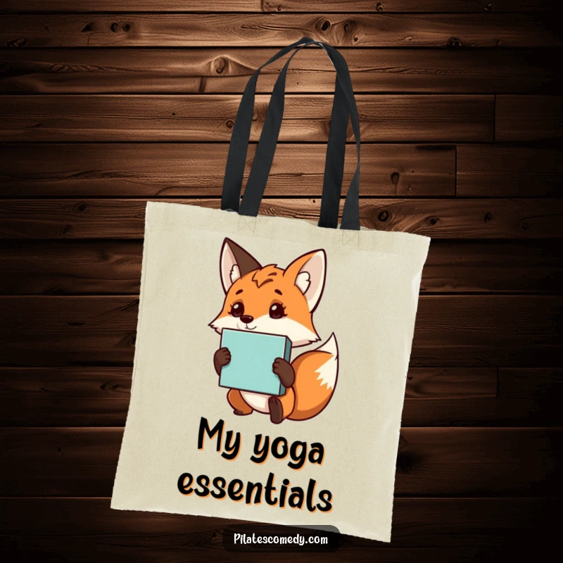 Funny fox tote bag with a curious character holding a yoga block, perfect for carrying yoga mats and accessories with style.